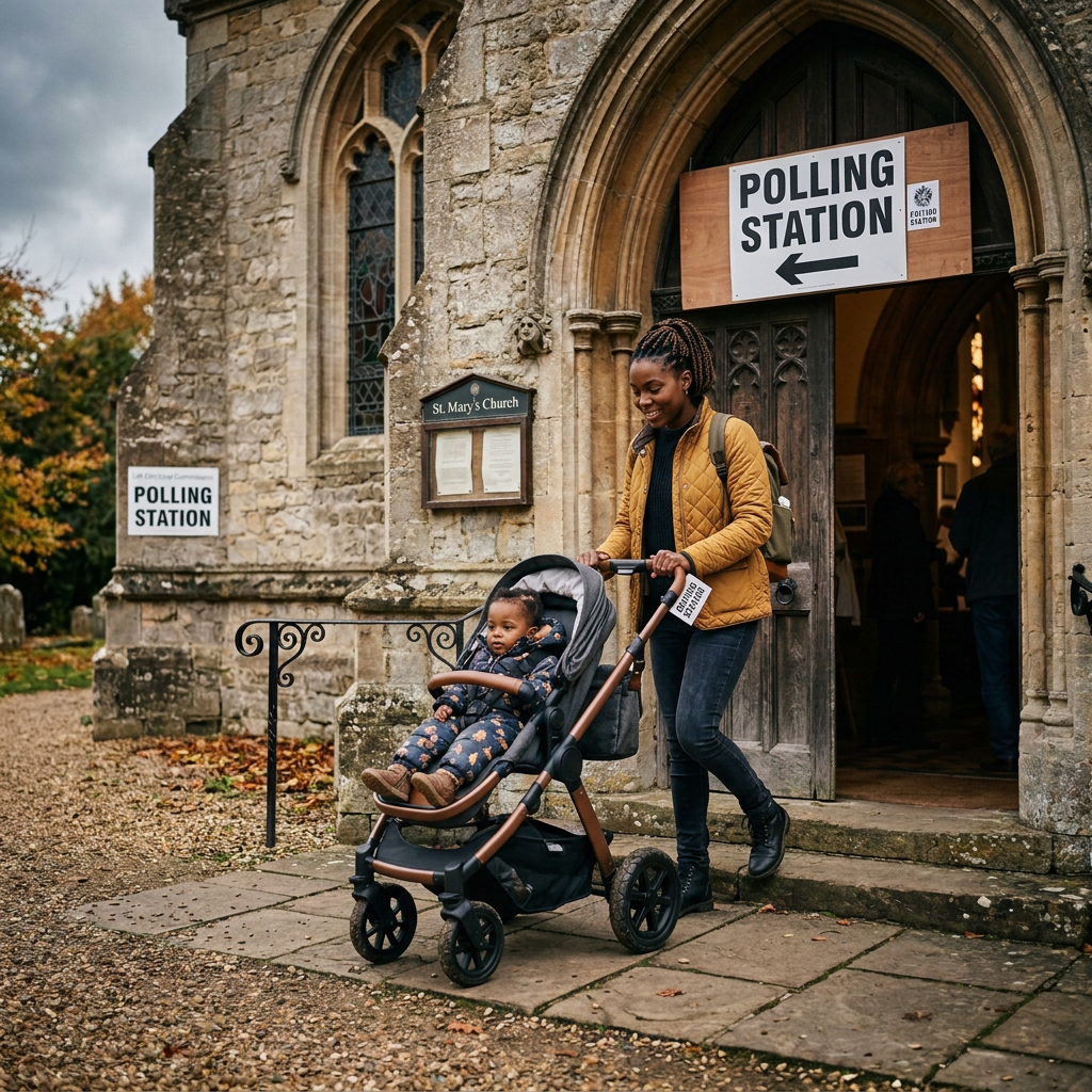 Elderly woman walking to polling station entrance at St. Mary's Church